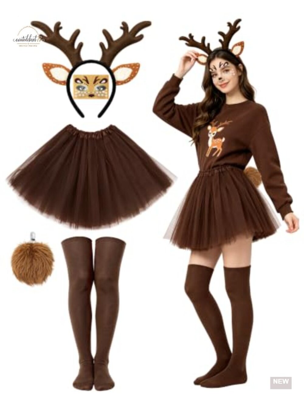 Reindeer Costume Set Women One Size Plush Antler Headband Tutu Skirt